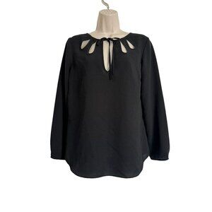 Zara Basic Black Medium Cut Out Blouse with Tie Neck Long Sleeve NWOT